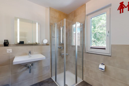 badezimmer mit einer fülle von natürlichen licht, kühler, mehreren spiegeln, duschkabine und waschbecken