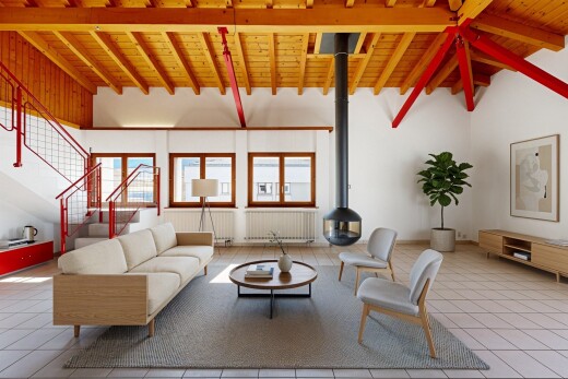 wohnzimmer mit natürliches licht, natural light, holzofen, kühler, und hohe decke