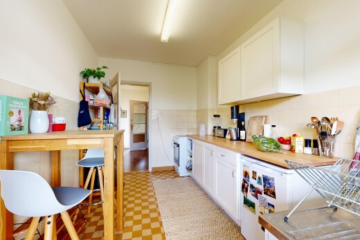 küche mit schranktüren mit vertiefter mittelplatte, weiße schränke, inside property, vinyl floor, und vinylboden