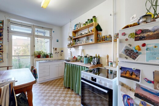 küche mit kühlschrank, herd, grüne schränke, arbeitsplatten, und vinylboden