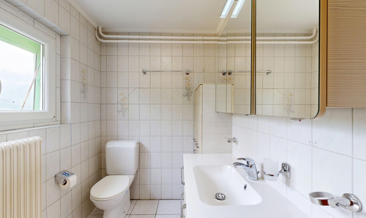 bad mit spiegel, tile wall, fliesenwand, kühler, und toilette