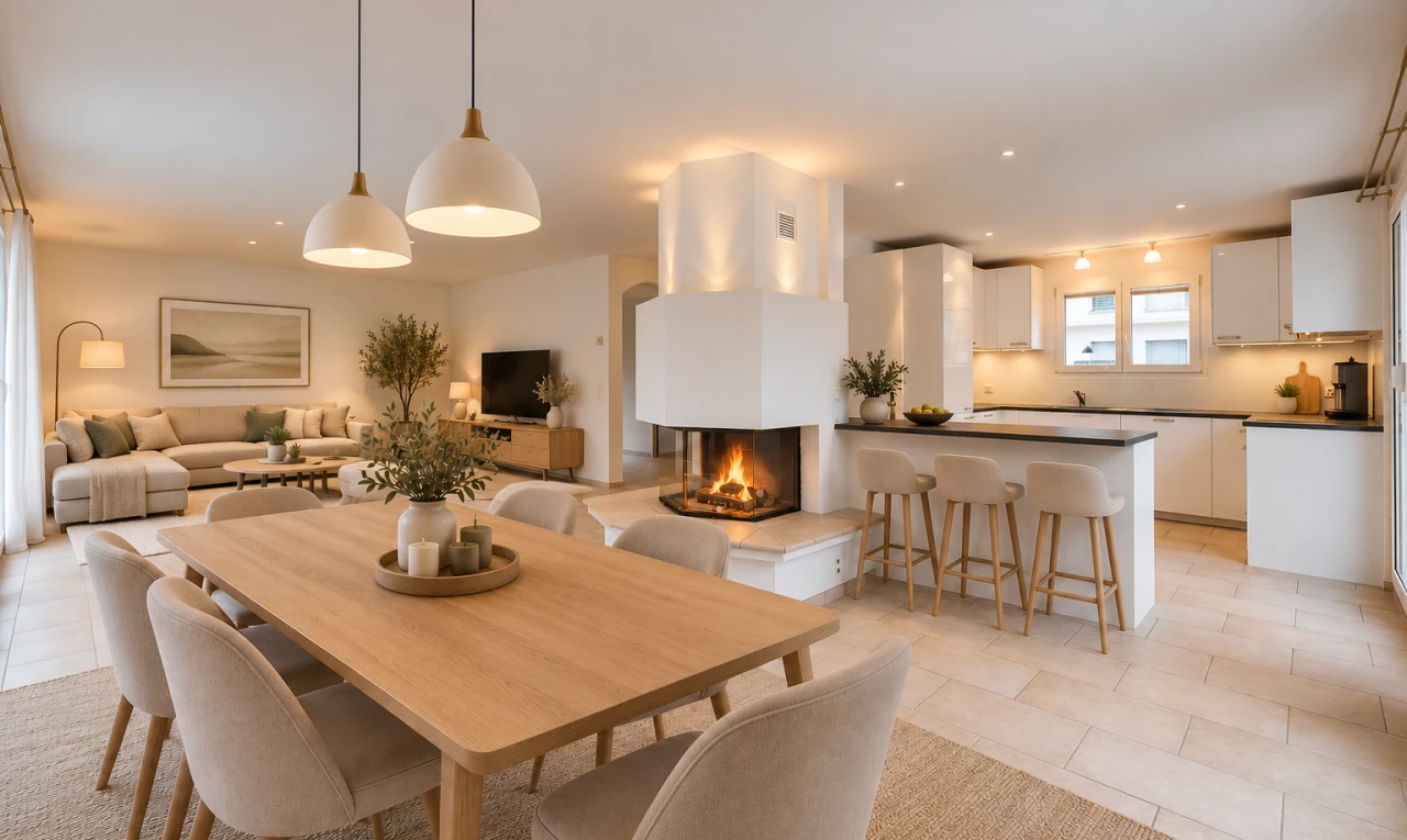 wohn- / esszimmer mit light floor, kamin, einbauleuchten, full kitchen, und virtually staged