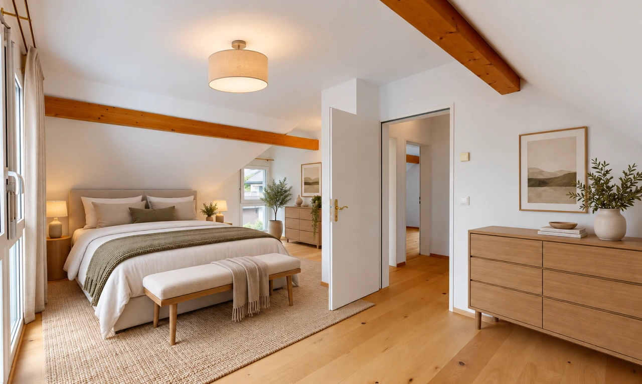 zimmer / schlafzimmer mit balkendecke, beamed ceiling, high end ceiling, virtually staged, und holzfußboden