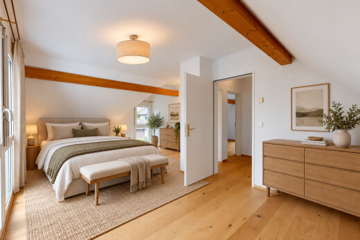 zimmer / schlafzimmer mit balkendecke, beamed ceiling, high end ceiling, virtually staged, und holzfußboden