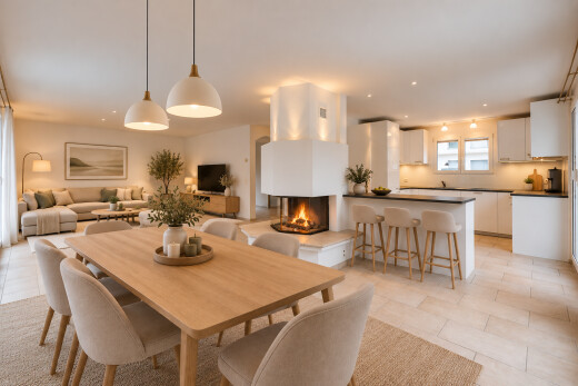 wohn- / esszimmer mit light floor, kamin, einbauleuchten, full kitchen, und virtually staged