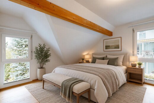 zimmer / schlafzimmer mit beamed ceiling, balkendecke, high end ceiling, virtually staged, und wood finish floor