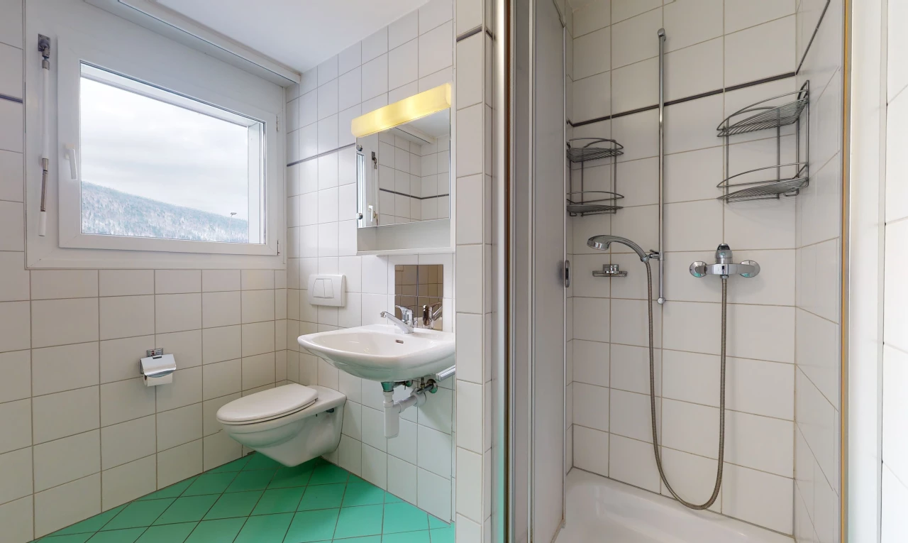 bathroom with natural light, toilet, washbasin, mirror, and a shower