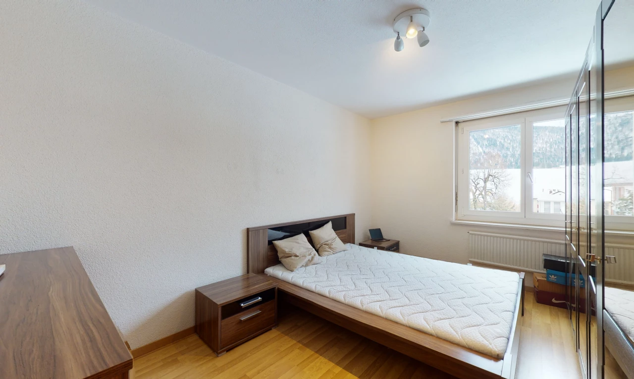 hardwood floored bedroom with natural light and radiator