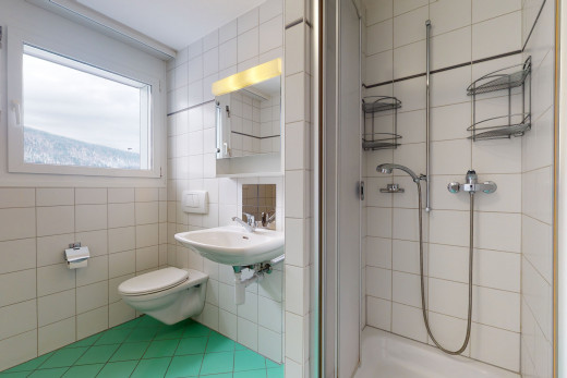 salle de bains avec lumière naturelle, douche, toilette, vasque, et miroir