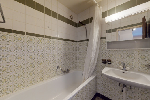 salle de bains avec rideau de douche, vasque, combiné baignoire-douche, et miroir