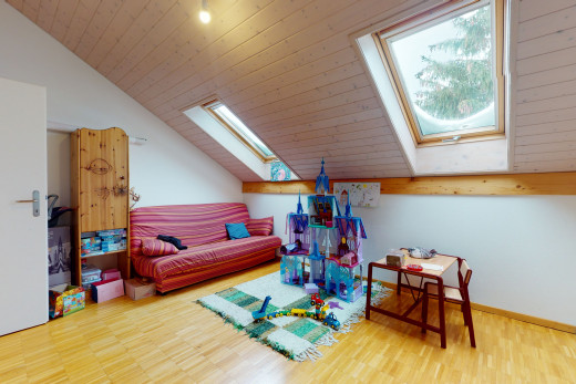 salle d'entraînement avec plafond voûté, parquet, lumière naturelle, et lucarne