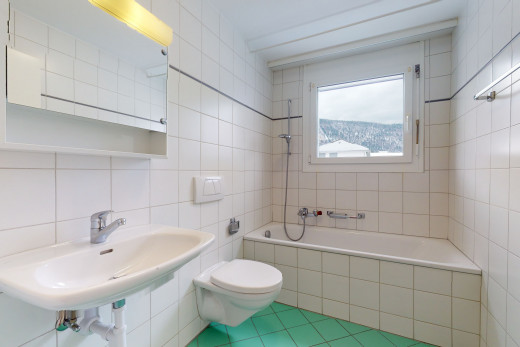 salle de bains avec lumière naturelle, toilette, vasque, combiné baignoire-douche, et miroir