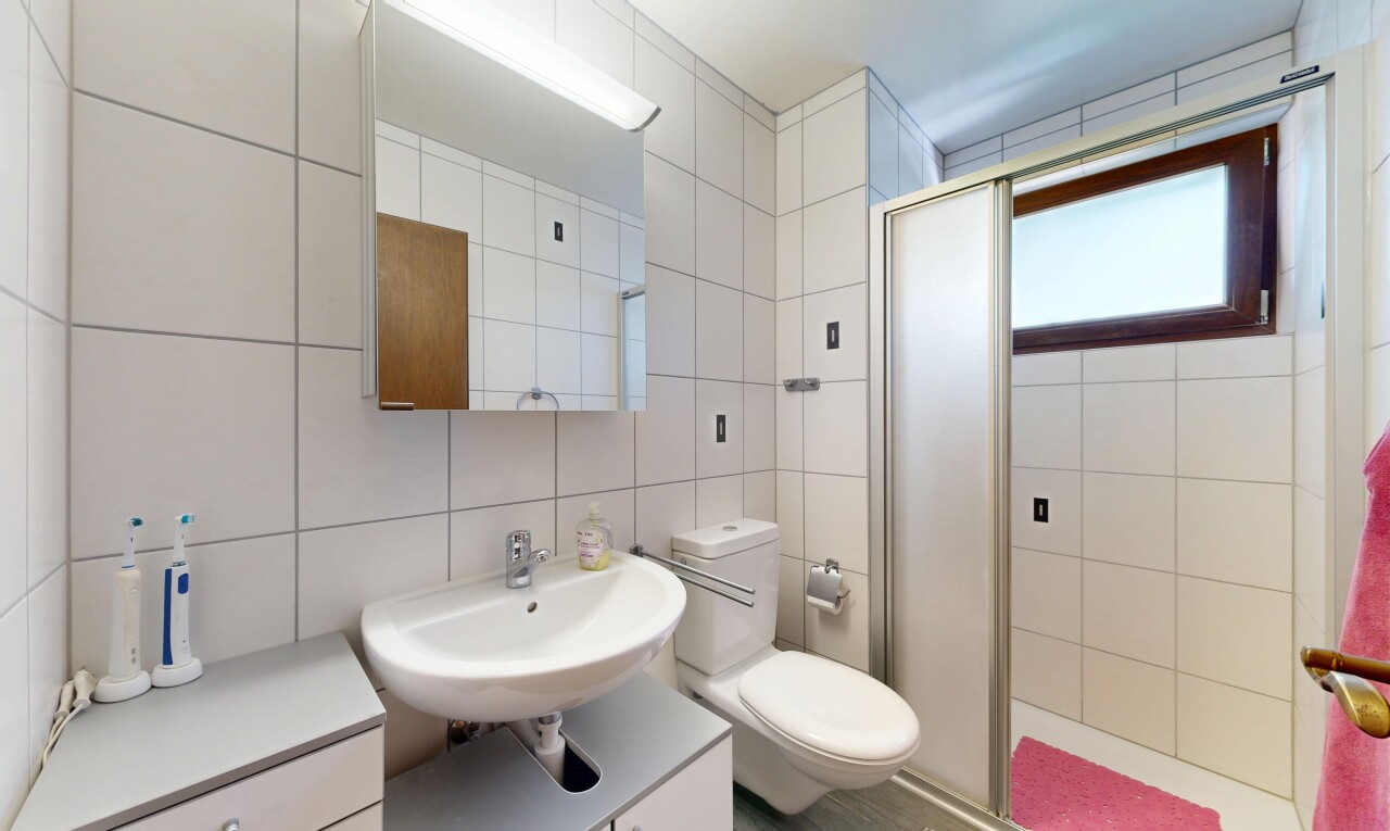 salle de bains avec miroir, salle de bain complète, douche, lumière naturelle, et natural light