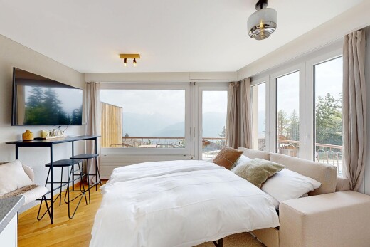 chambre avec télévision, sol en finition bois, wood finish floor, lumière naturelle, et natural light