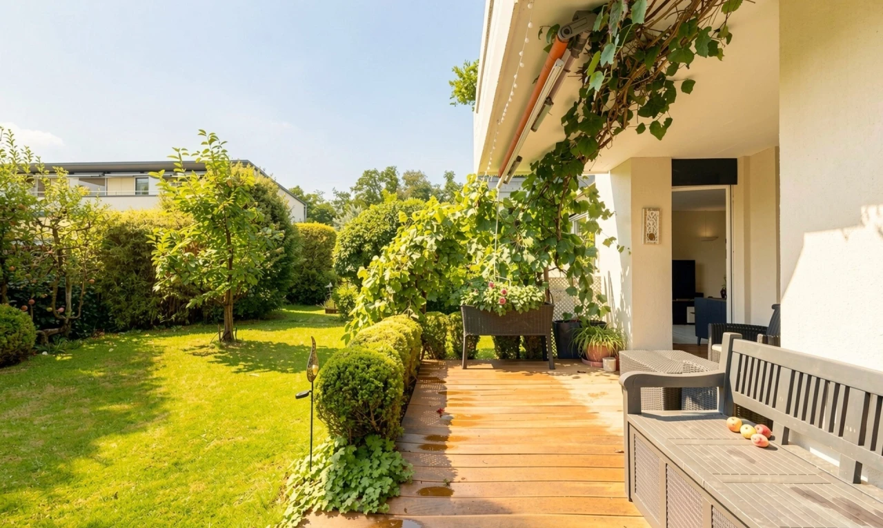 garten mit rasen, from property, deck, day time, und grün machen