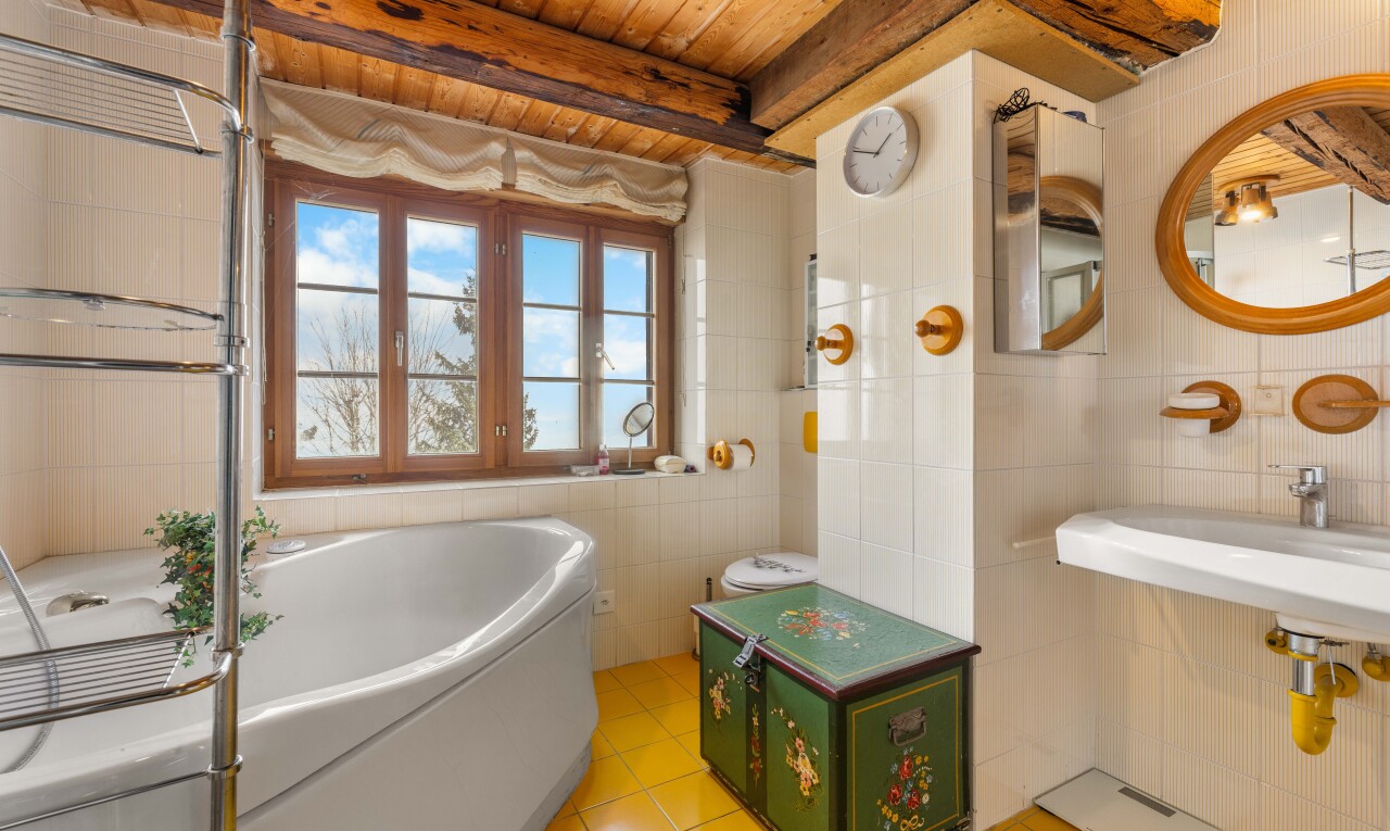 salle de bains avec mur en carrelage, tile wall, bain, miroir, et lumière naturelle