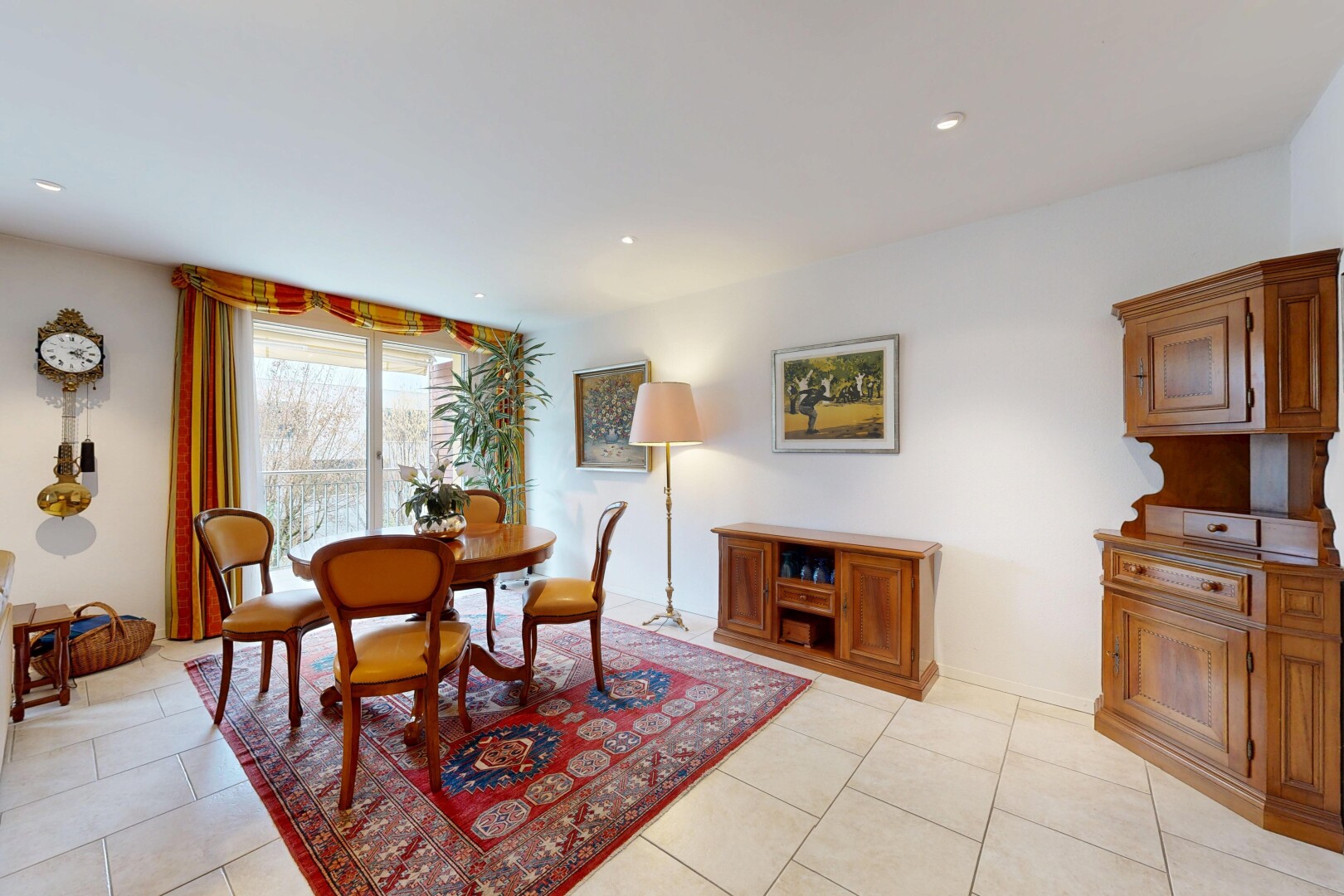 dining space with light tile patterned floors and recessed lighting