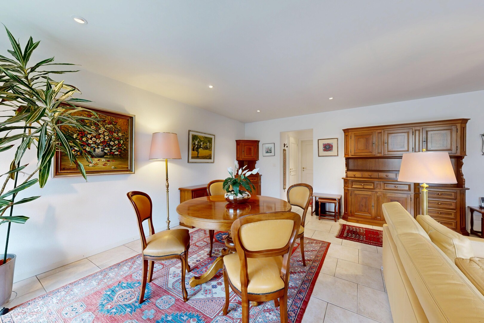 dining room with light tile patterned floors and recessed lighting