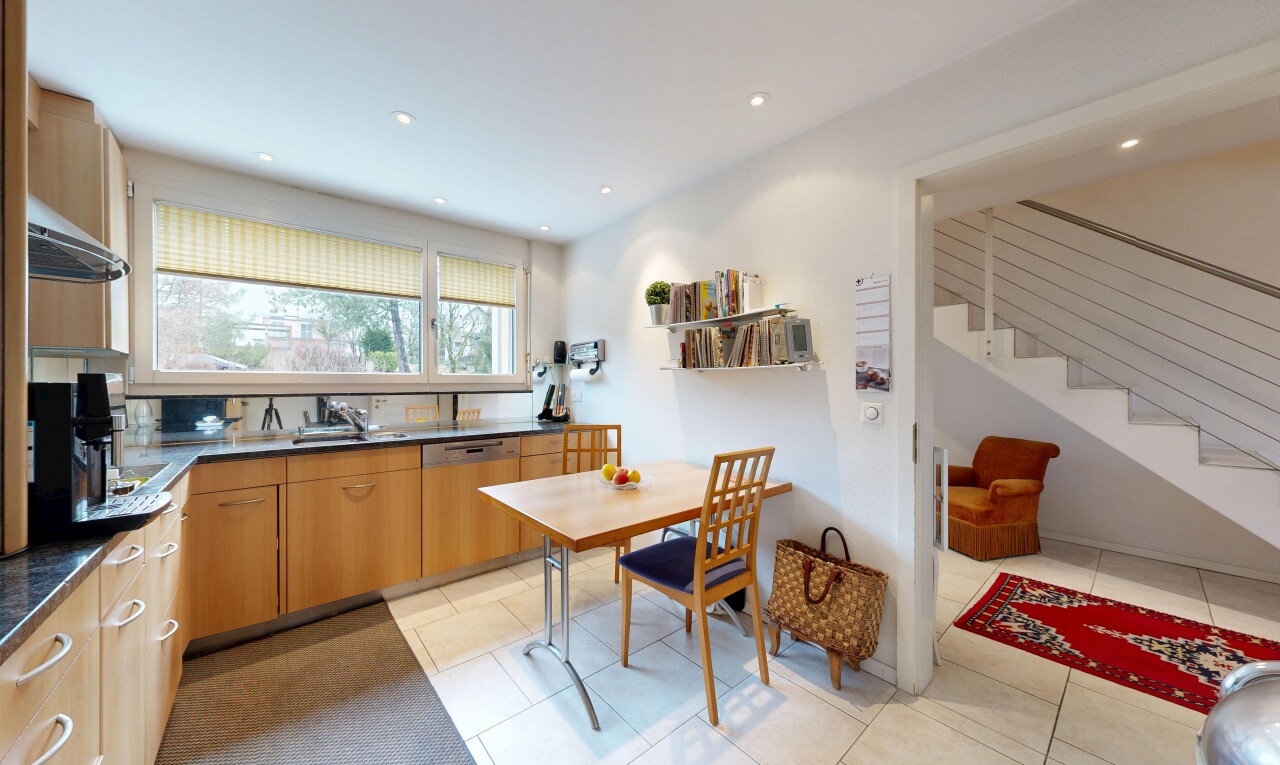 kitchen featuring light tile patterned floors, recessed lighting, dishwasher, dark countertops, and open shelves