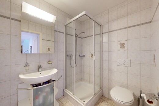 salle de bains avec mur en carrelage, tile wall, salle de bain complète, douche, et miroir