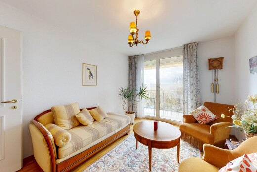 salon avec cloison sèche, drywall, lumière naturelle, natural light, et lustre remarquable