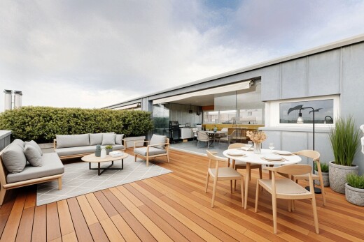 terrasse avec coin repas extérieur, terrasse, virtually staged, espace de vie extérieur, et gril