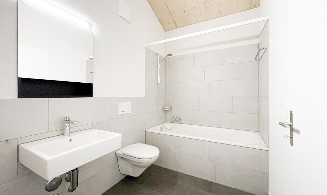 salle de bains avec douche-bain combinés, inside property, tile tub, miroir, et toilette
