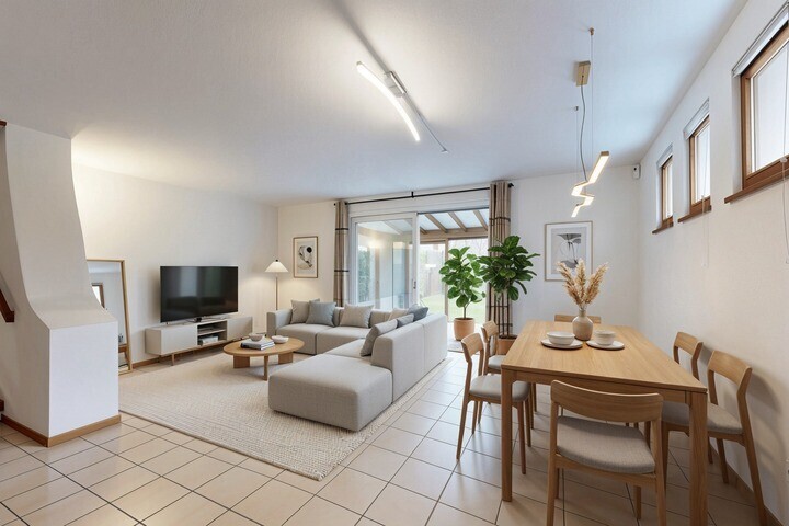 salle à manger avec cloison sèche, drywall, inside property, light floor, et lumière naturelle