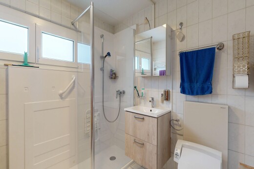 salle de bains avec lavabo (ou coiffeuse selon le contexte), salle de bain complète, miroir, douche, et tile wall