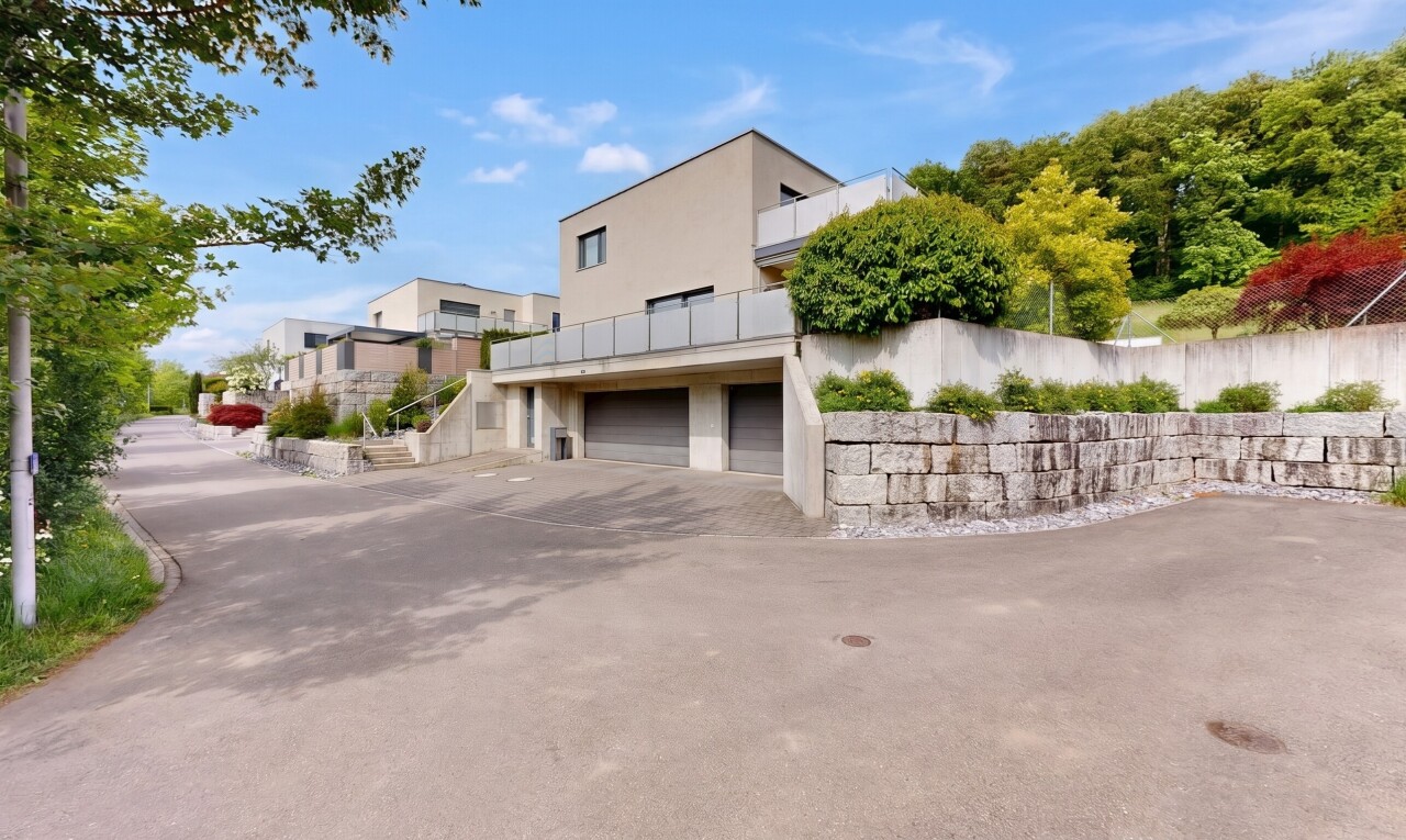 außenansicht mit eingebaute garage, auffahrt, day time, stuckverkleidung, und treppen