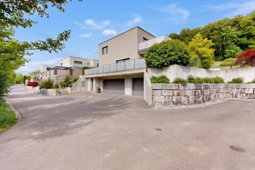 außenansicht mit eingebaute garage, auffahrt, day time, stuckverkleidung, und treppen