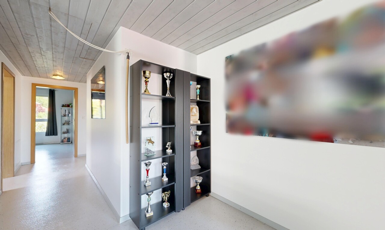 couloir avec plafond en bois, wood ceiling, télévision, cloison sèche, et drywall
