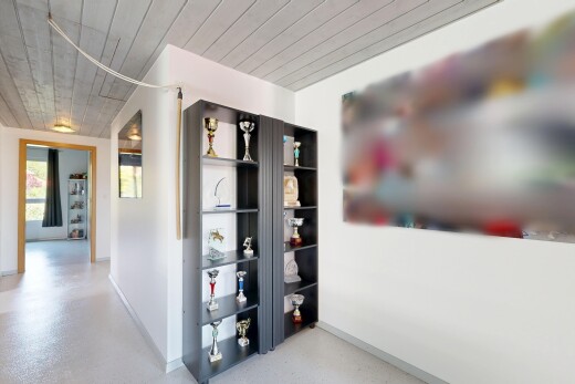 couloir avec plafond en bois, wood ceiling, télévision, cloison sèche, et drywall