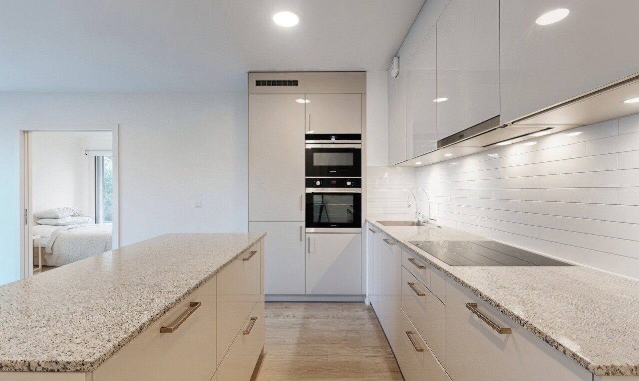 kitchen with a kitchen island, modern cabinets, light wood-style floors, light stone countertops, and recessed lighting