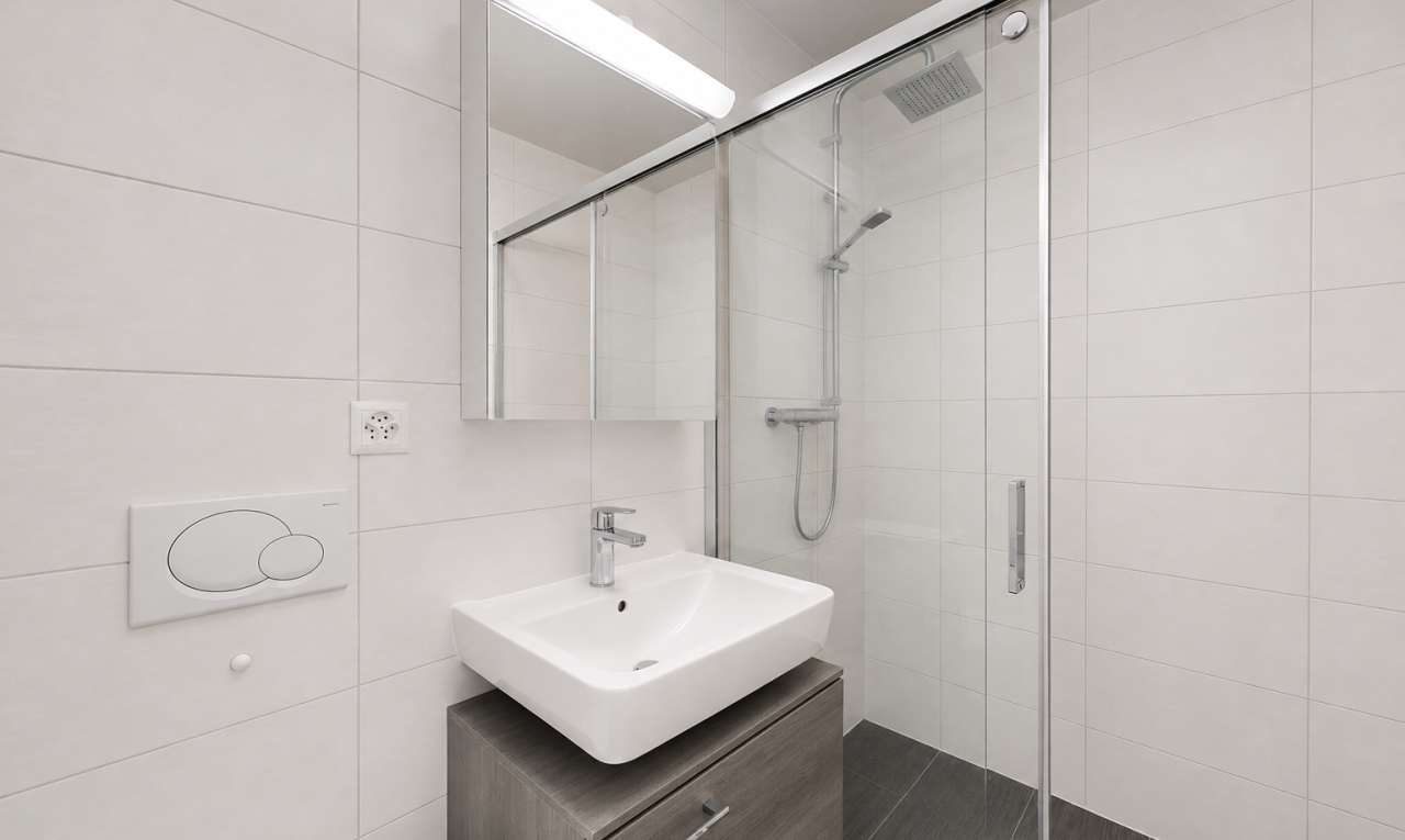 salle de bains avec tile wall, mur en carrelage, miroir, évier, et salle de bain complète