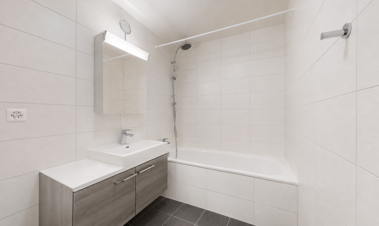 salle de bains avec mur en carrelage, tile wall, salle de bain complète, douche-bain combinés, et miroir