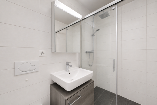 salle de bains avec tile wall, mur en carrelage, miroir, évier, et salle de bain complète