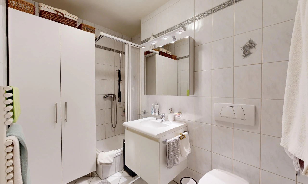 salle de bains avec salle de bain complète, lavabo (ou coiffeuse selon le contexte), mur en carrelage, tile wall, et douche