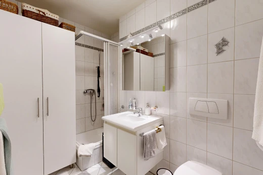 salle de bains avec salle de bain complète, lavabo (ou coiffeuse selon le contexte), mur en carrelage, tile wall, et douche