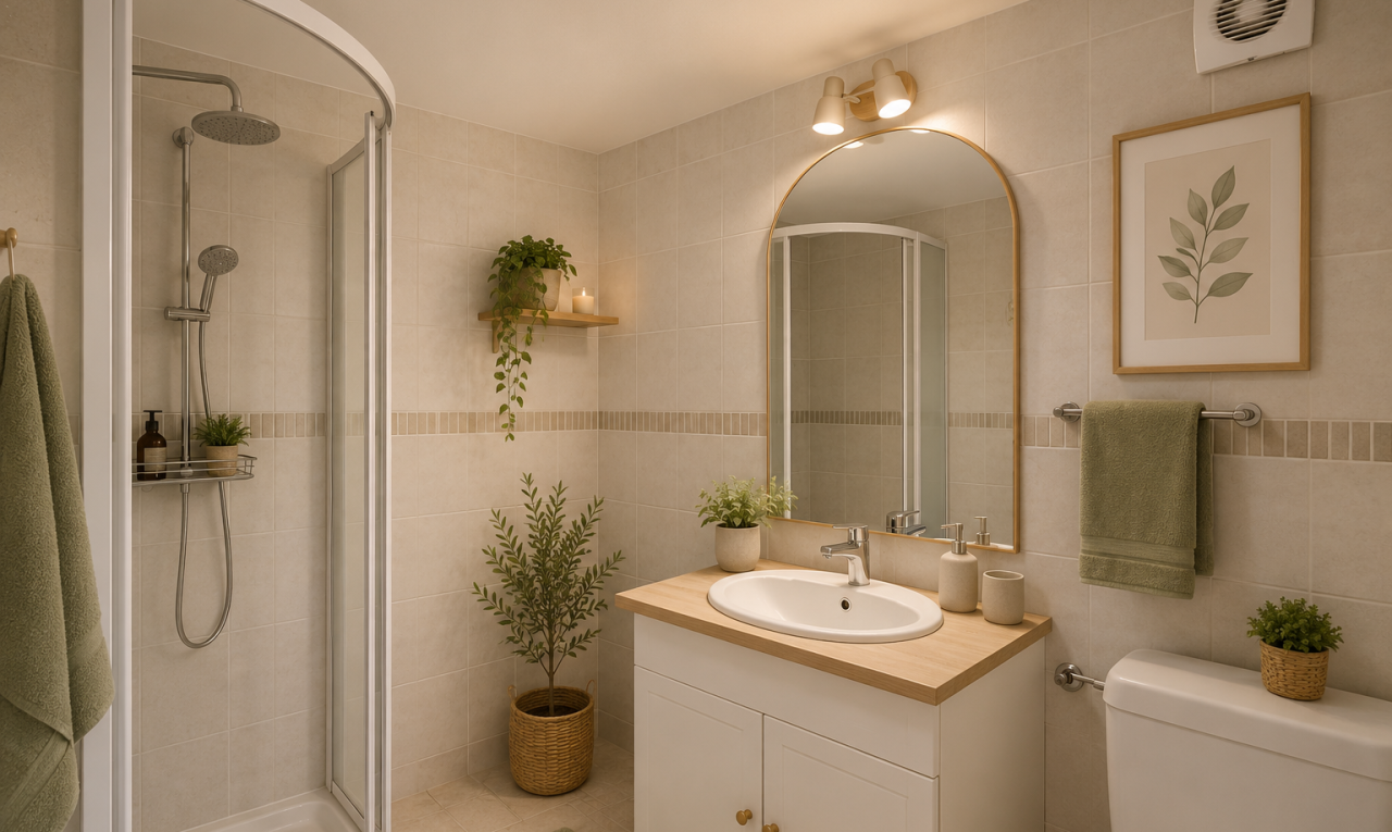 salle de bains avec tile wall, mur en carrelage, miroir, lavabo (ou coiffeuse selon le contexte), et douche
