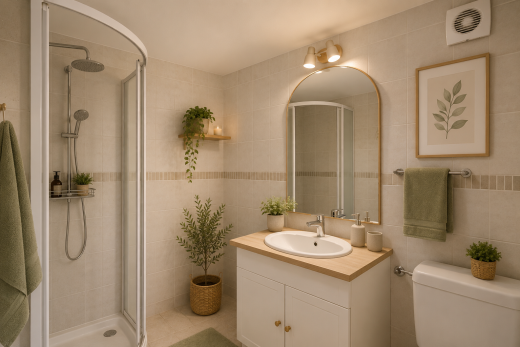 salle de bains avec tile wall, mur en carrelage, miroir, lavabo (ou coiffeuse selon le contexte), et douche
