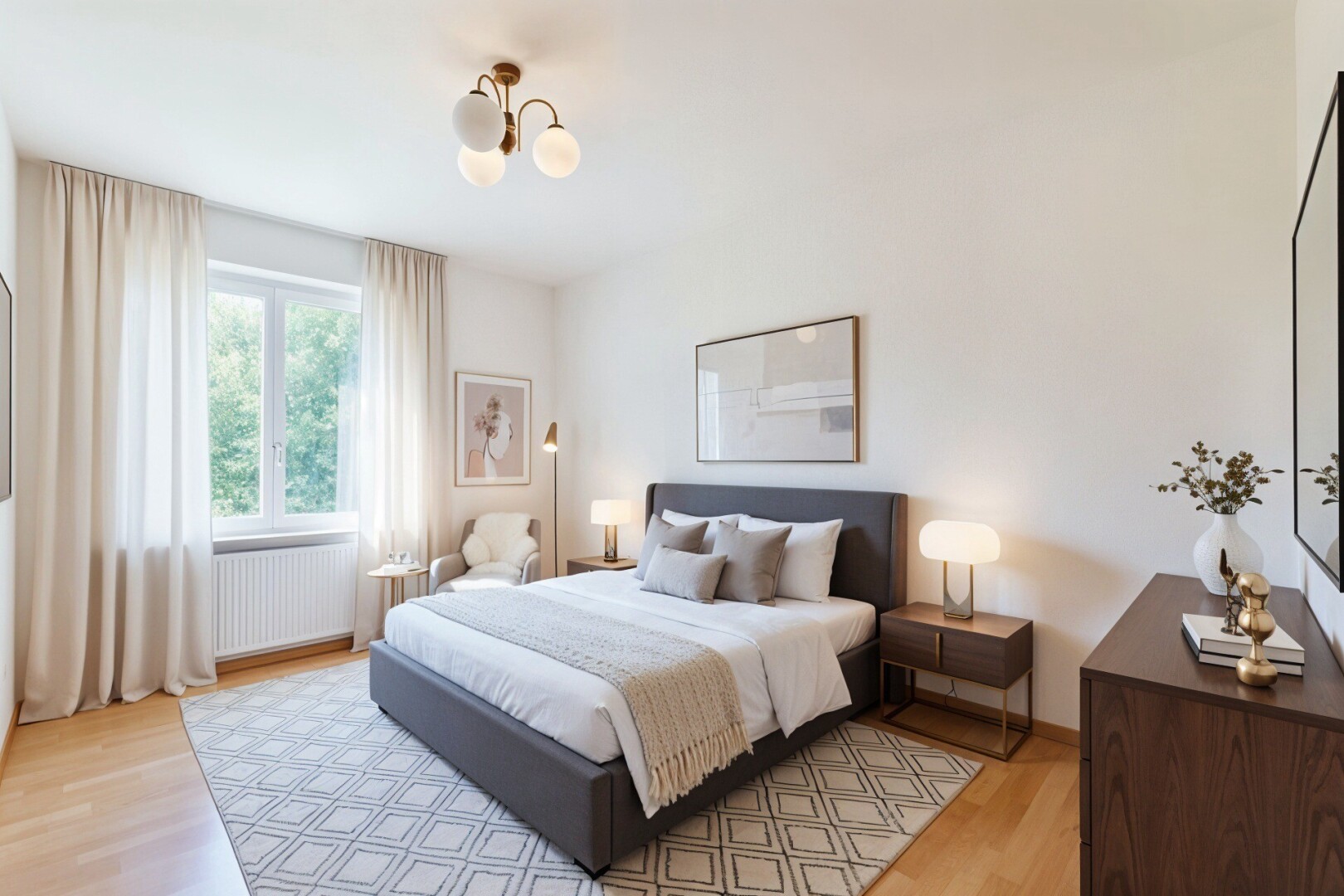 empty room with radiator heating unit, a chandelier, and wood finished floors