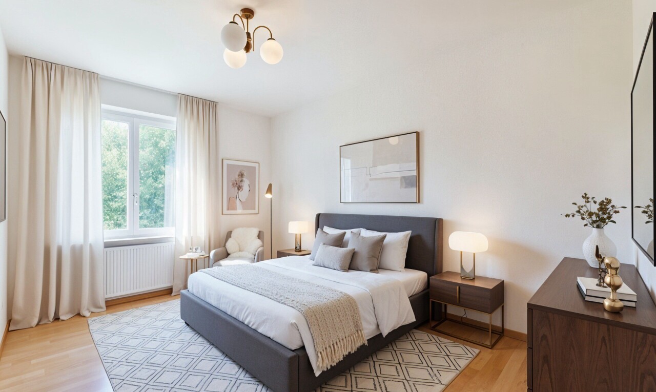 empty room with radiator heating unit, a chandelier, and wood finished floors