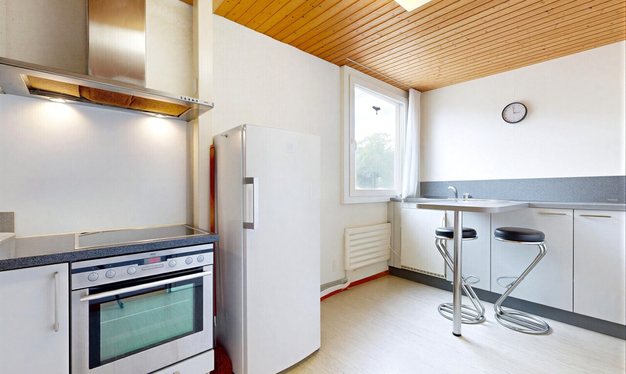 küche mit dunstabzugshaube, kühlschrank, ofen, light floor, und natürliches licht