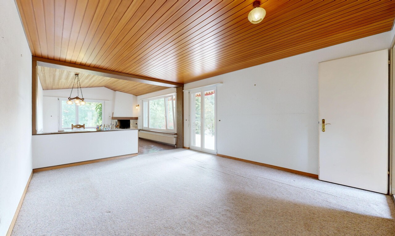 leerer raum mit holzdecke, wood ceiling, gipskartonwand, drywall, und teppich
