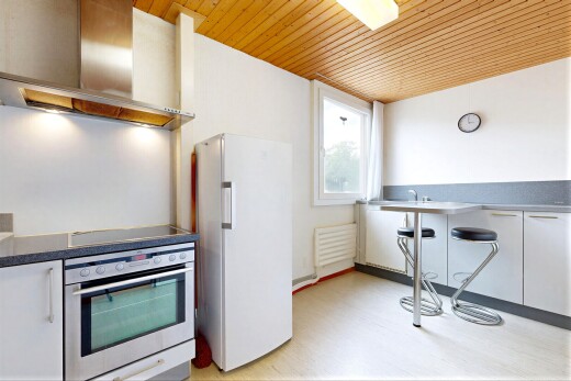 küche mit dunstabzugshaube, kühlschrank, ofen, light floor, und natürliches licht