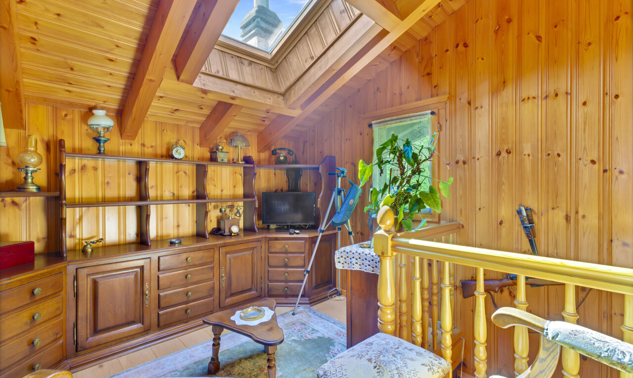 salon avec puits de lumière, inside property, beamed ceiling, plafond à poutres, et wood wall