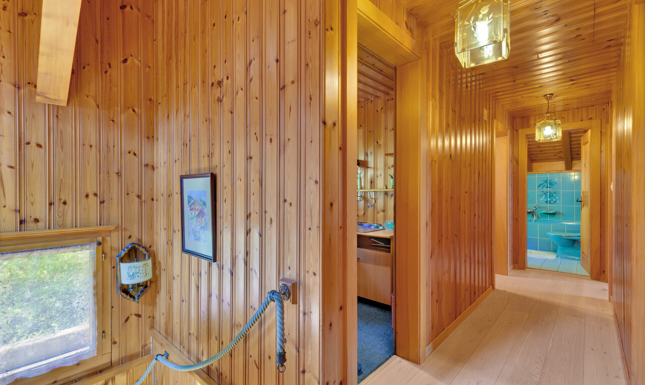 halle / korridor mit obergeschoss-podest, inside property, holzwand, wood wall, und holzfußboden