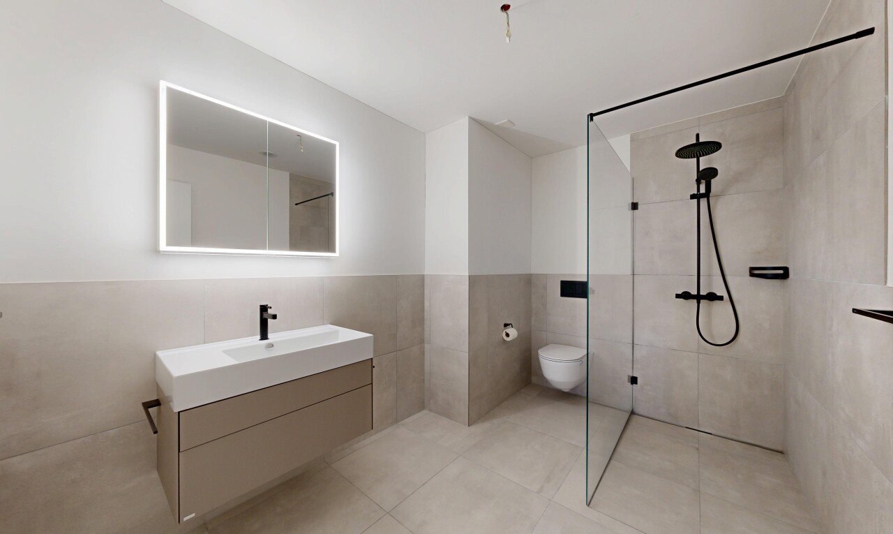 bad mit komplettes badezimmer, schminktisch, fliesenwand, tile wall, und dusche