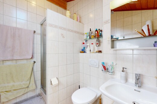 salle de bains avec mur en carrelage, tile wall, salle de bain complète, évier, et douche